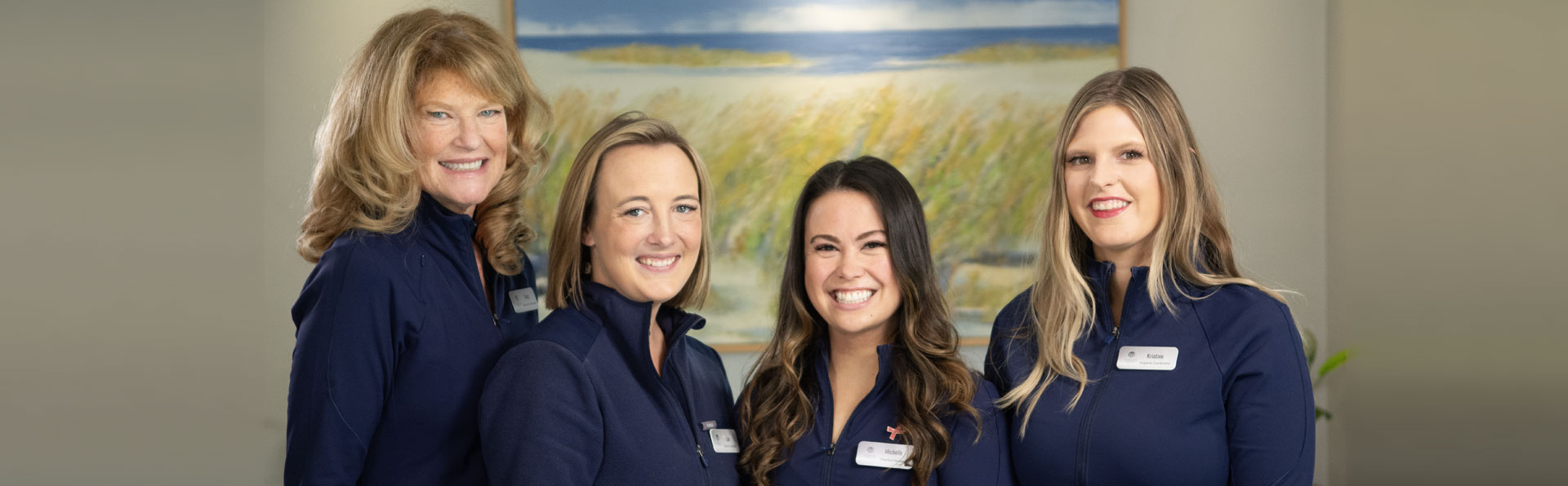 Office team pictured left to right: Tracy (Treatment Coordinator), Lori (Patient Coordinator), Michelle (Practice Manager), and Kristine (Hygiene Coordinator).