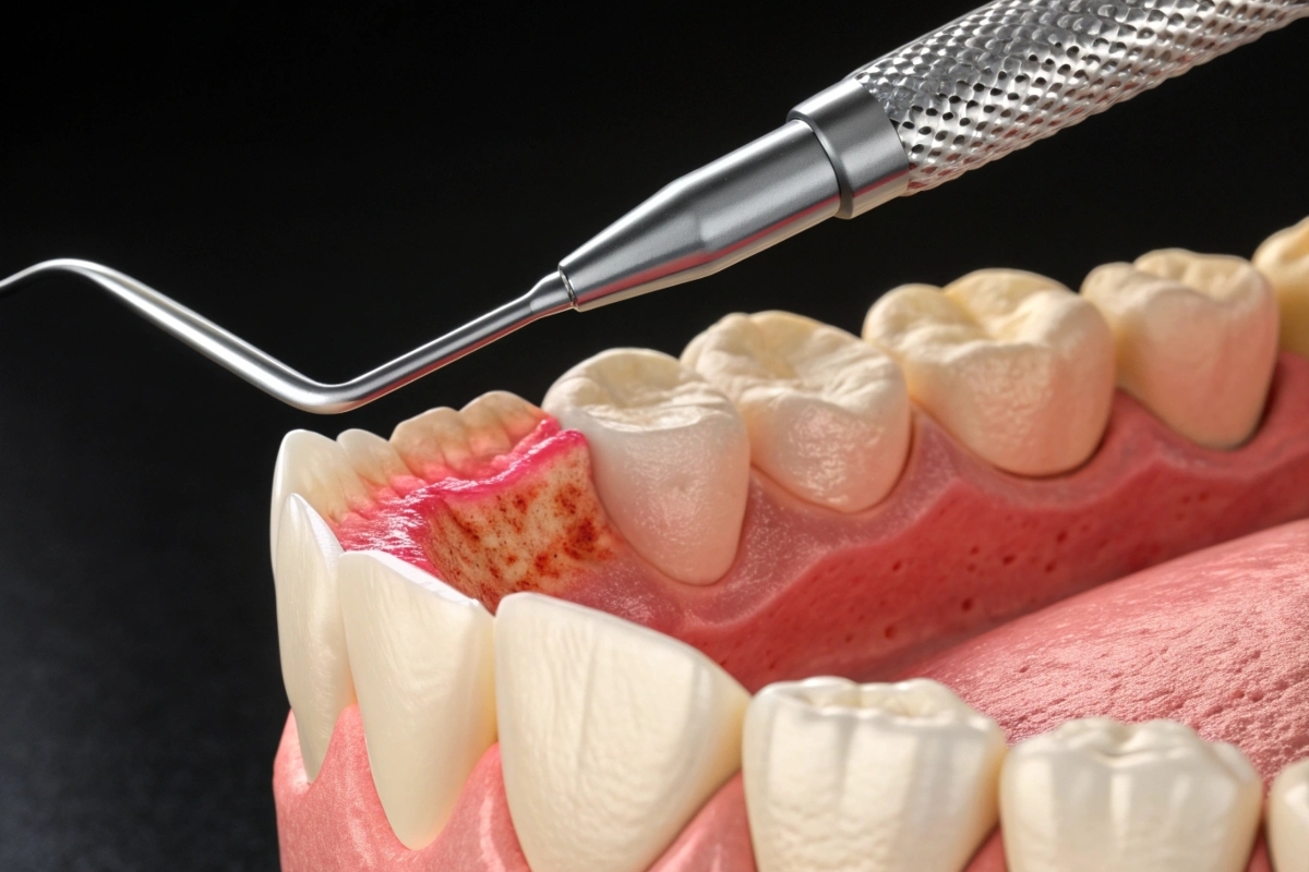 Dental laser tool treating gum disease and bleeding gums on patient teeth.